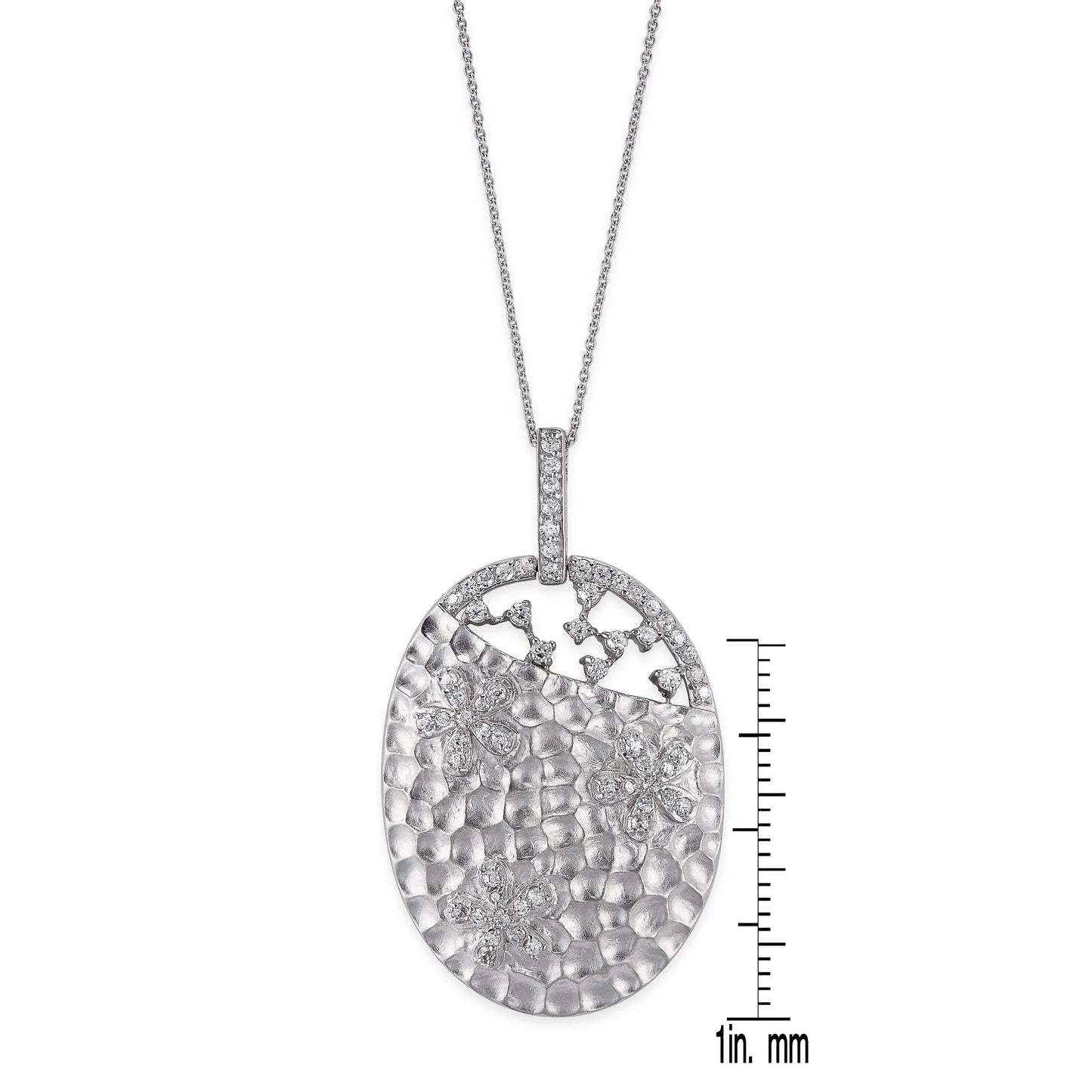 Collete Z Cubic Zirconia Sterling Silver Rhodium Plated Hammered Oval Shape Pendant