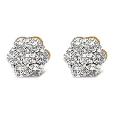 14K yellow gold diamond floral cluster stud earrings with screw backs