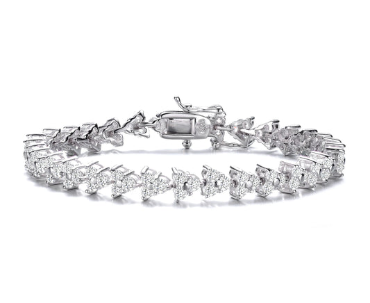 Collette Z Sterling Silver with Rhodium Plated Clear Round Cubic Zirconia 3-Stone Triangular Link Bracelet