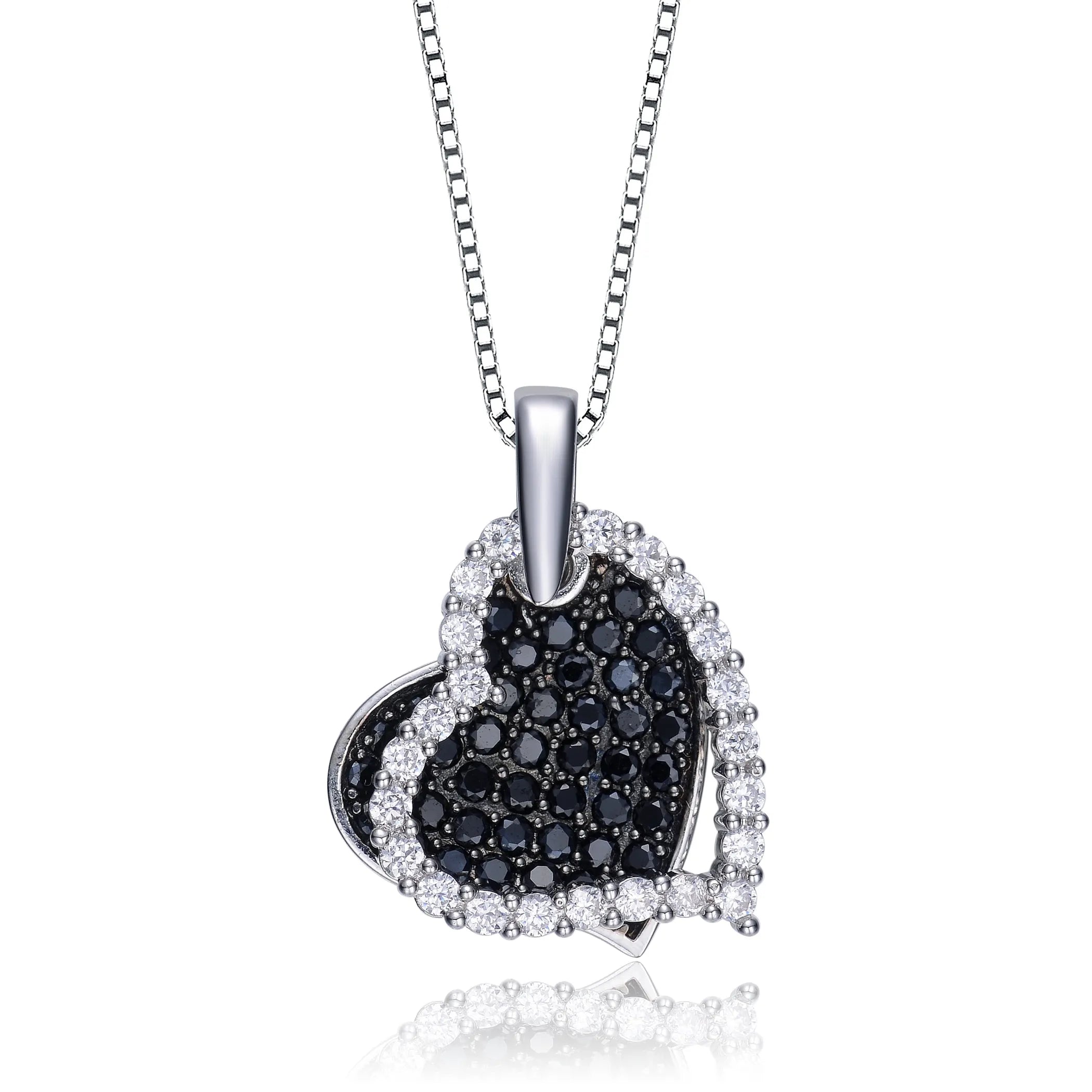 Collette Z Sterling Silver Black and White Cubic Zirconia Stones Hearts Pendant