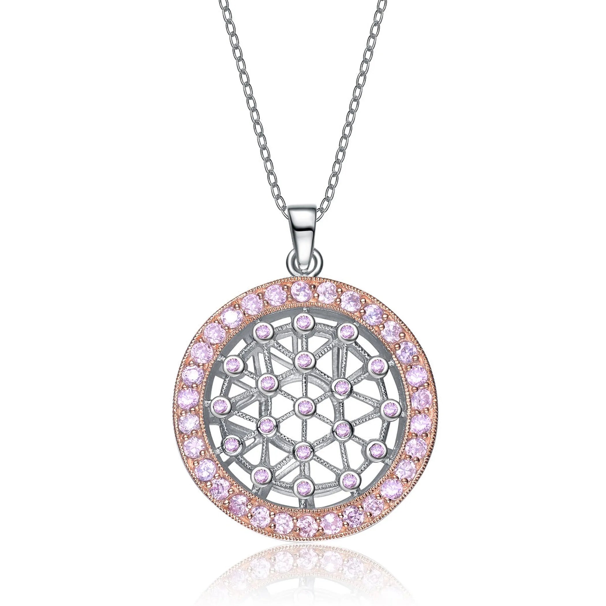 Collette Z Sterling Silver Cubic Zirconia Intricate laser work and Pink and White Cubic Zirconia Pendant