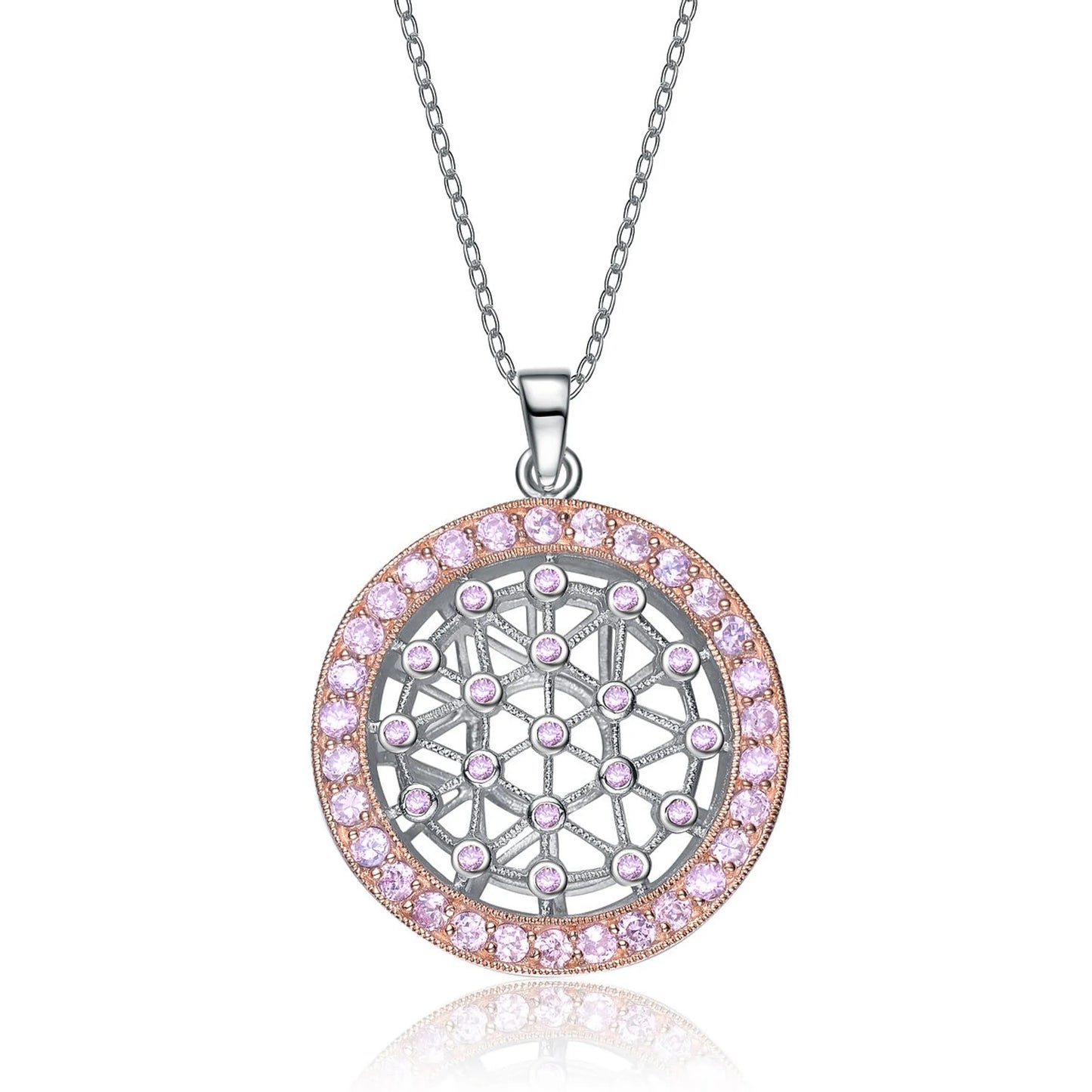Collette Z Sterling Silver Cubic Zirconia Intricate laser work and Pink and White Cubic Zirconia Pendant