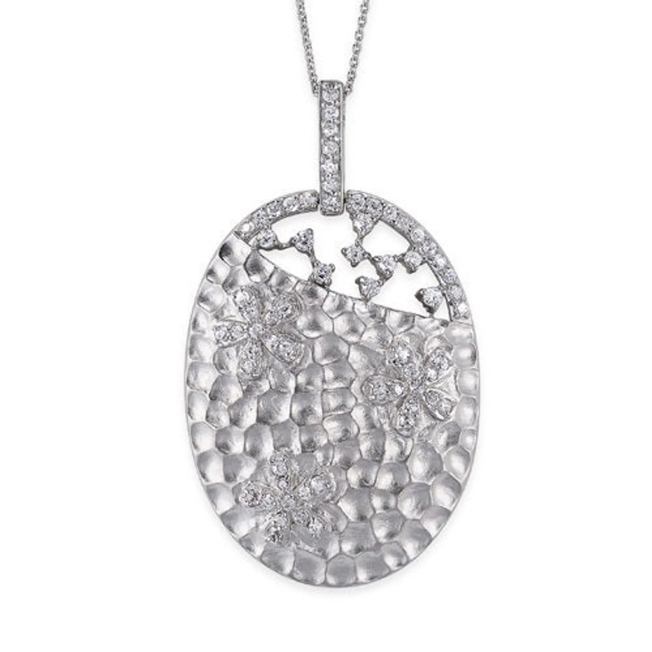 Collete Z Cubic Zirconia Sterling Silver Rhodium Plated Hammered Oval Shape Pendant