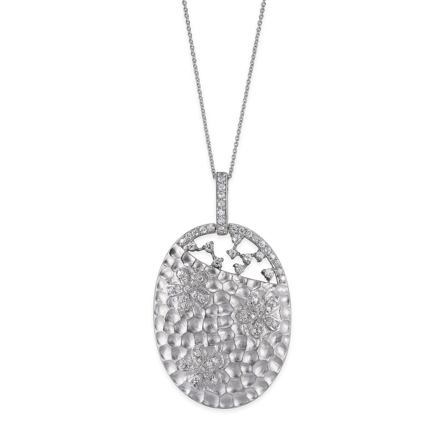 Collete Z Cubic Zirconia Sterling Silver Rhodium Plated Hammered Oval Shape Pendant