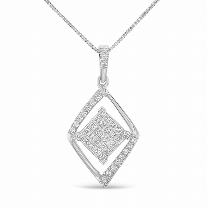 10k White Gold 1/3 Carat Total Weight Round and Princess-Cut Diamond Double Triangle 18" Pendant Necklace