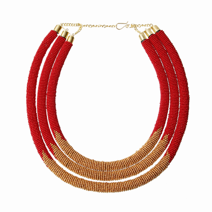 Tribal Zulu Maasai Triple Layered Blue And Gold Beaded Rope Necklace
