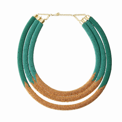Tribal Zulu Maasai Triple Layered Blue And Gold Beaded Rope Necklace