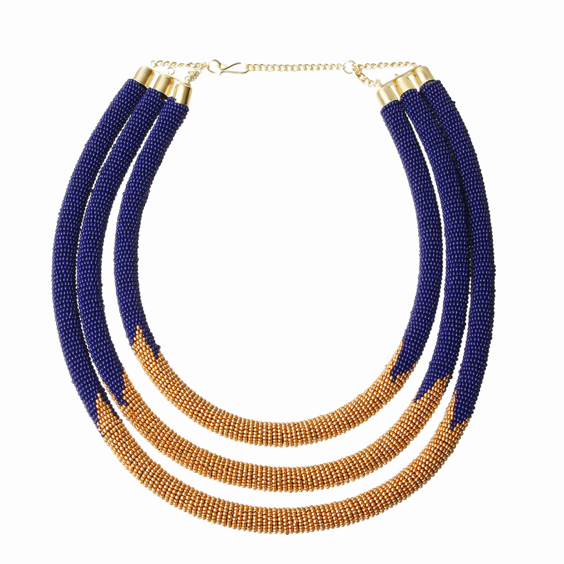 Tribal Zulu Maasai Triple Layered Blue And Gold Beaded Rope Necklace