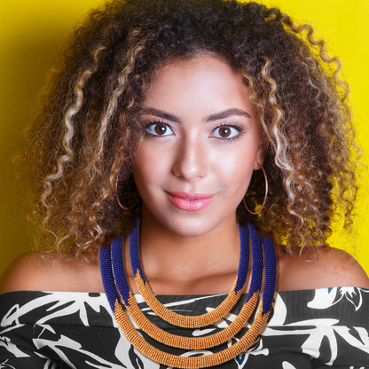 Tribal Zulu Maasai Triple Layered Blue And Gold Beaded Rope Necklace