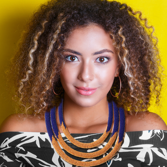 Tribal Zulu Maasai Triple Layered Blue And Gold Beaded Rope Necklace